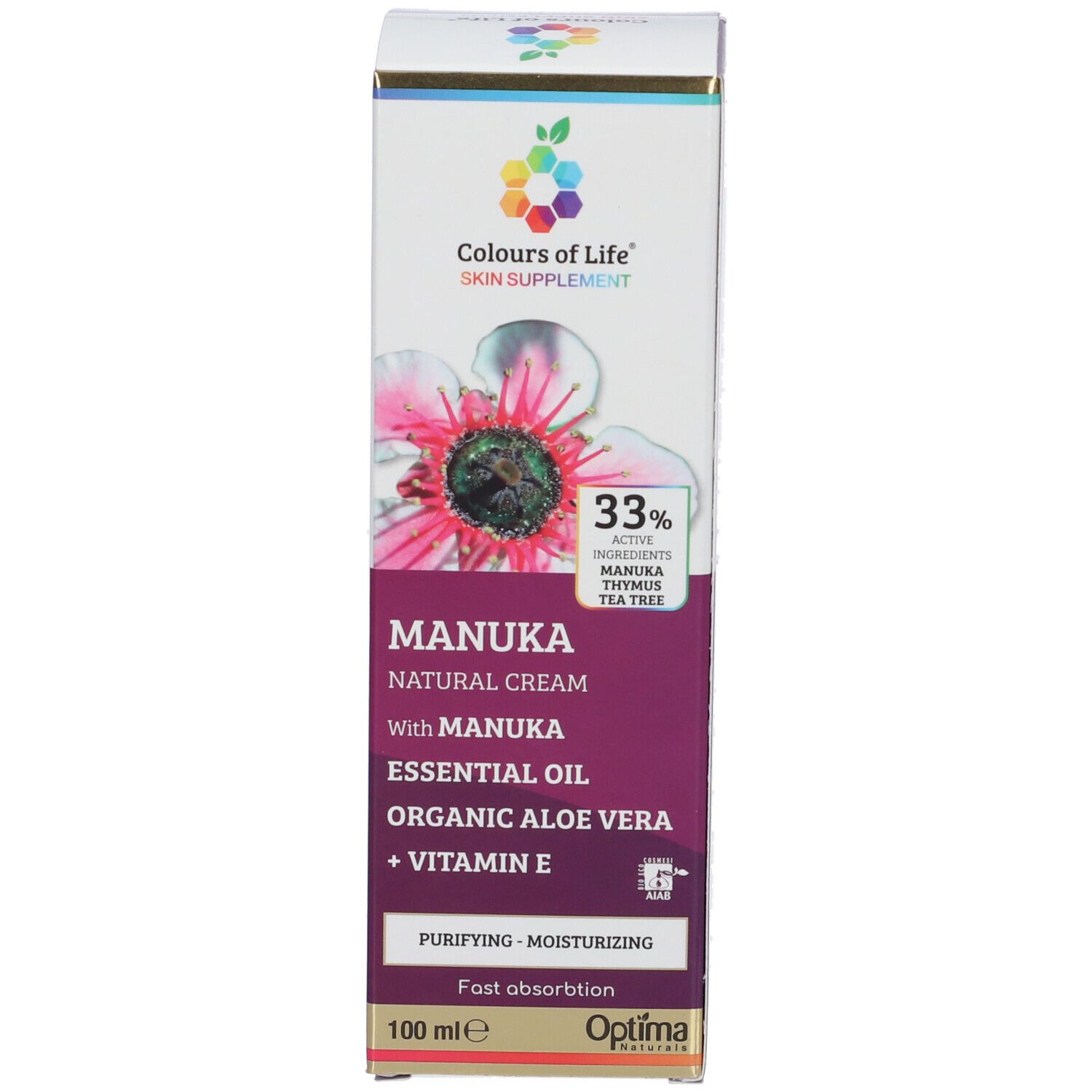 Vorderseite der Faltschachtel Optima Manuka Naturcreme. Mit Manukaöl, Aloe Vera und Vitamin E. 100 ml.