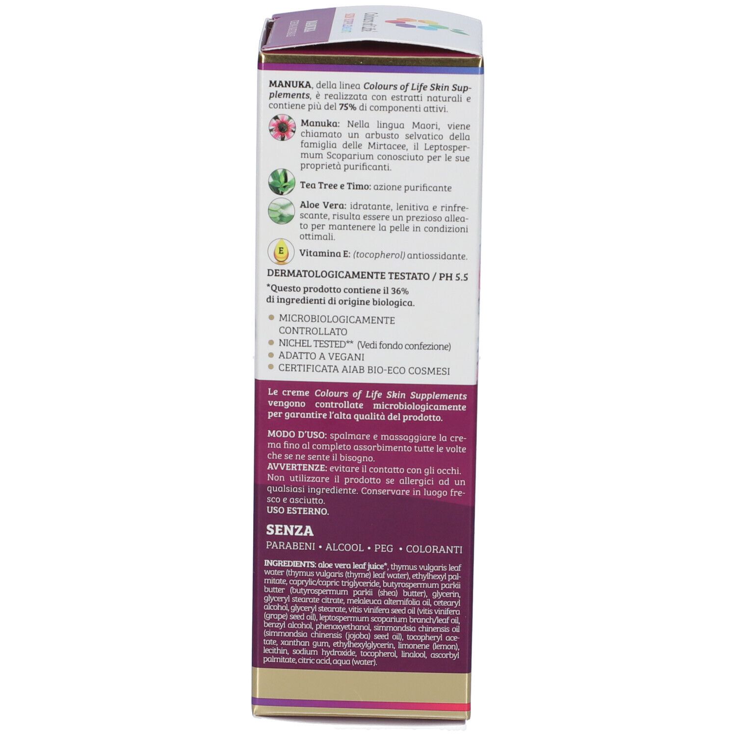 Rückseite der Faltschachtel Optima Manuka Naturcreme mit detaillierten Inhaltsstoffen und Anwendungshinweisen.