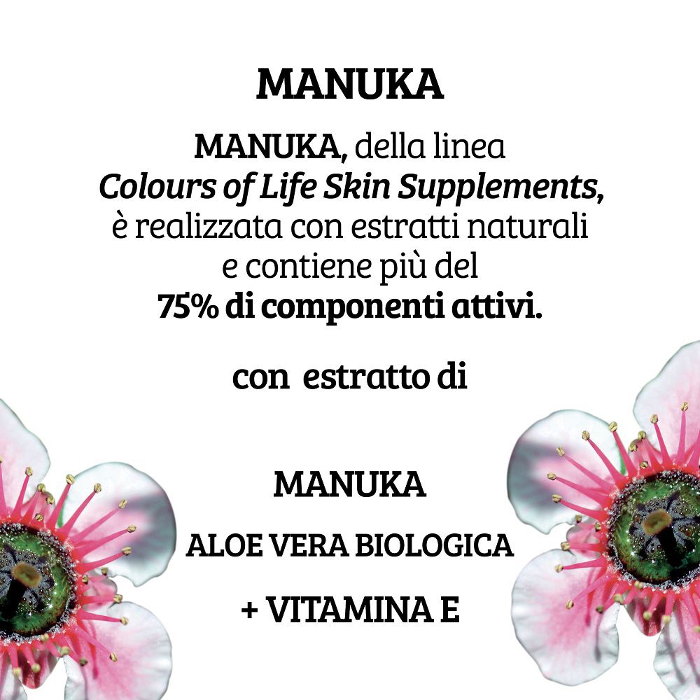 Manuka Creme von Colours of Life mit Manuka, Bio-Aloe Vera und Vitamin E. Text auf Italienisch.