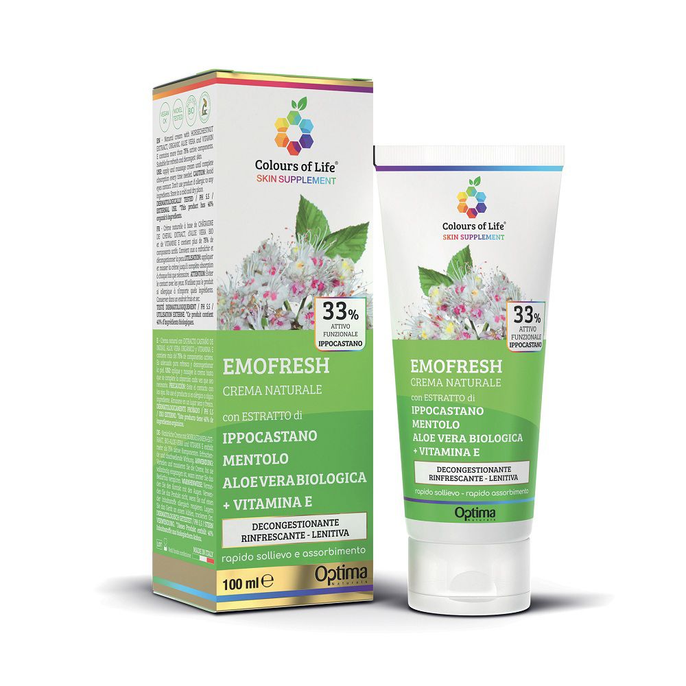 Colours of Life Emofresh Creme mit Kastenextrakt, Menthol, Bio-Aloe Vera und Vitamin E. 100 ml Tube und Karton.