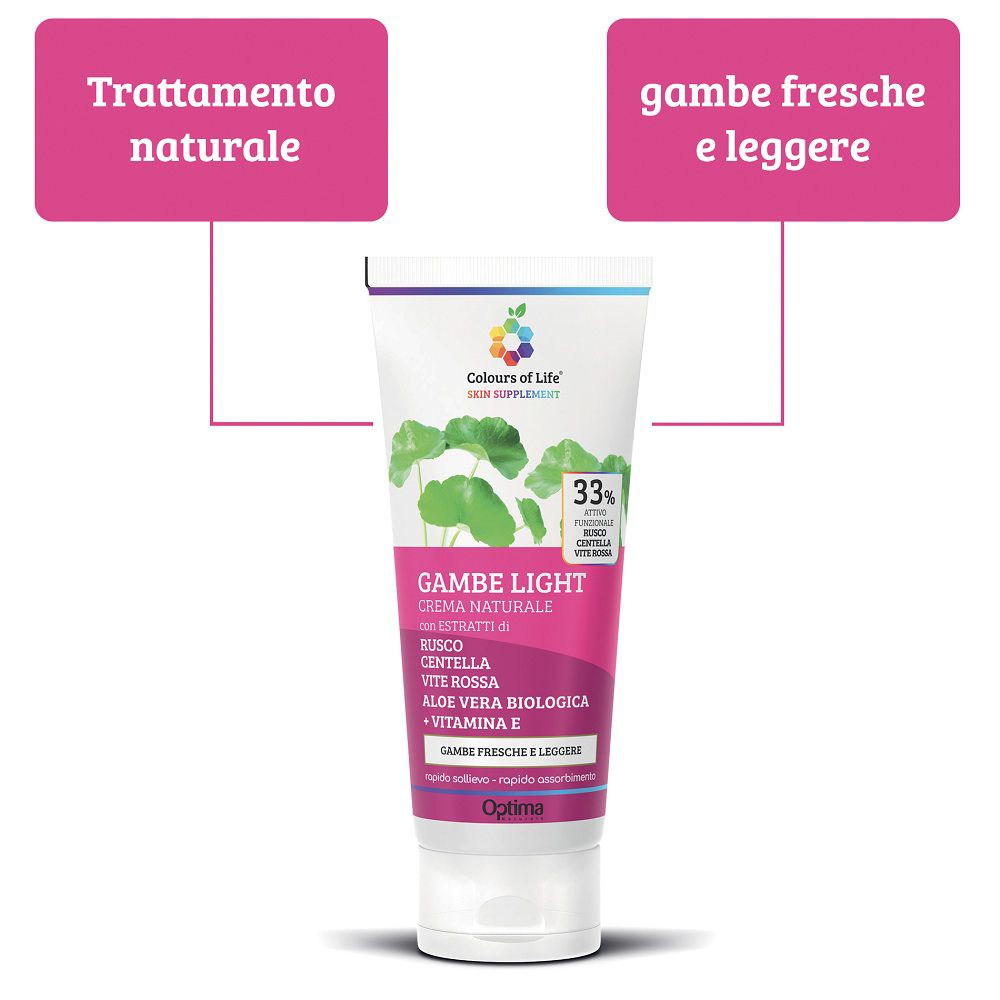Colours of Life Creme Gambe light Tube mit Hinweisen zu natürlicher Behandlung und leichten Beinen.