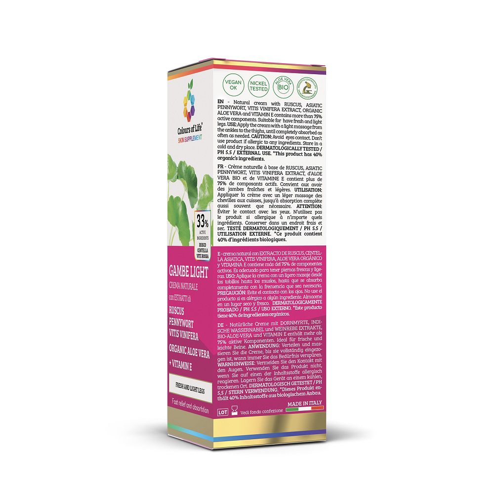Rückseite der Faltschachtel der Colours of Life Creme Gambe light mit detaillierten Anwendungshinweisen und Inhaltsstoffen.