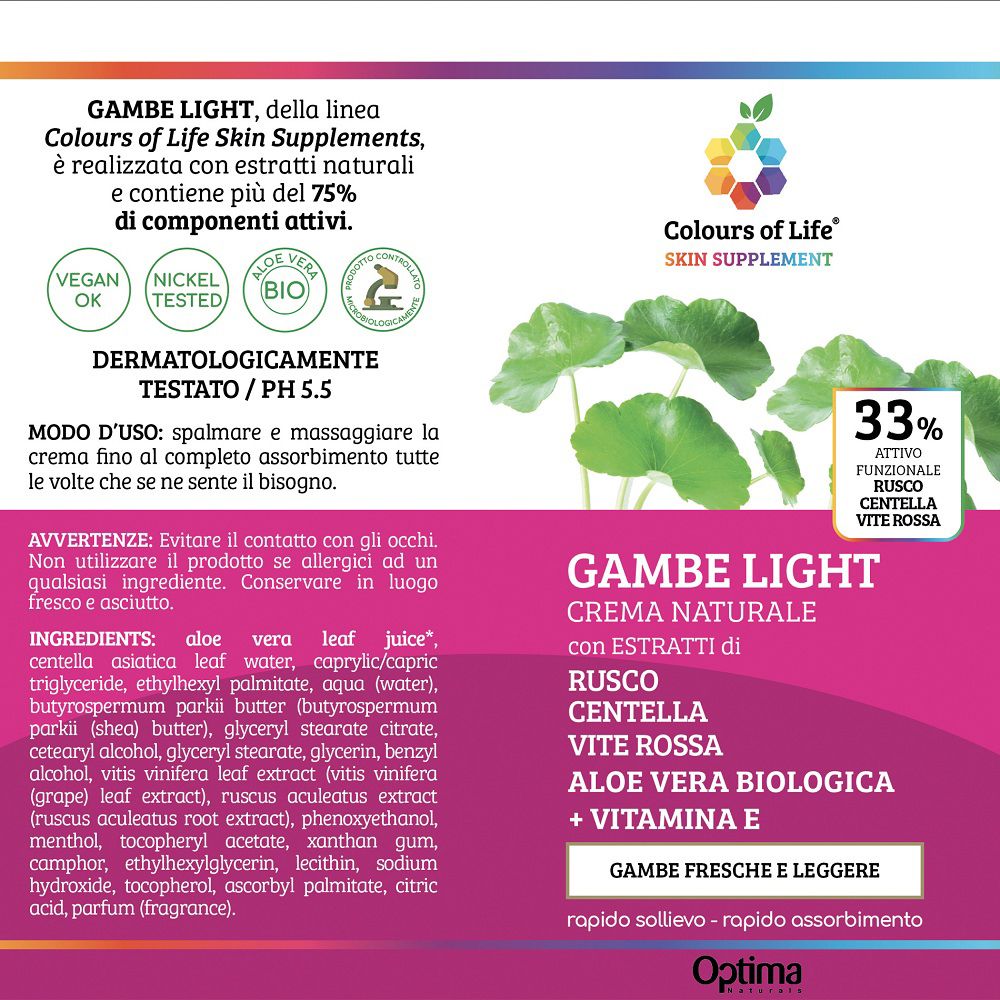Detailansicht der Inhaltsstoffe und Anwendung der Colours of Life Creme Gambe light. Dermatologisch getestet.