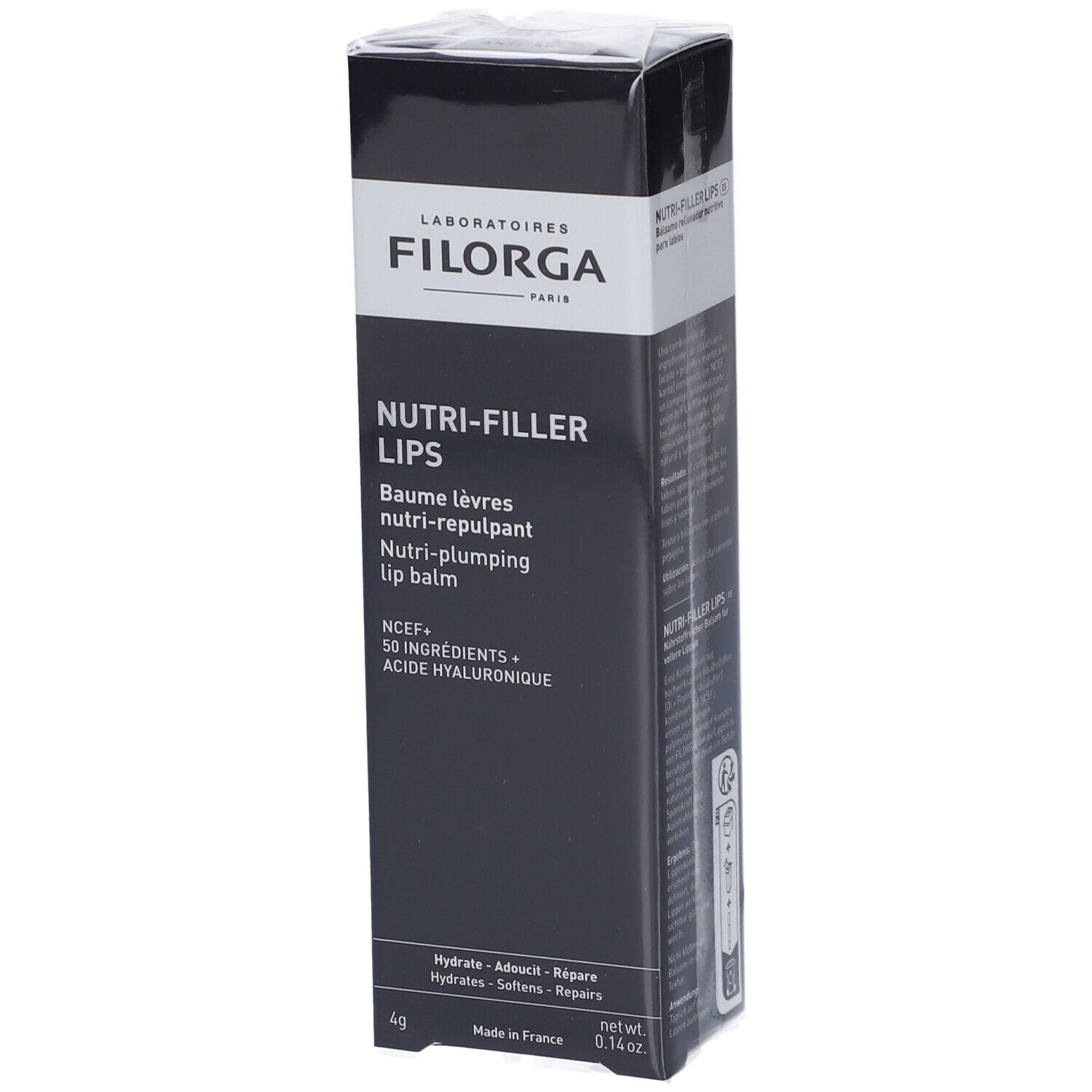Schwarze Verpackung. FILORGA NUTRI-FILLER LIPS® Lippenbalsam. Text: NUTRI-FILLER LIPS, Baume lèvres, nutri-repulpant, lip balm. 4g.