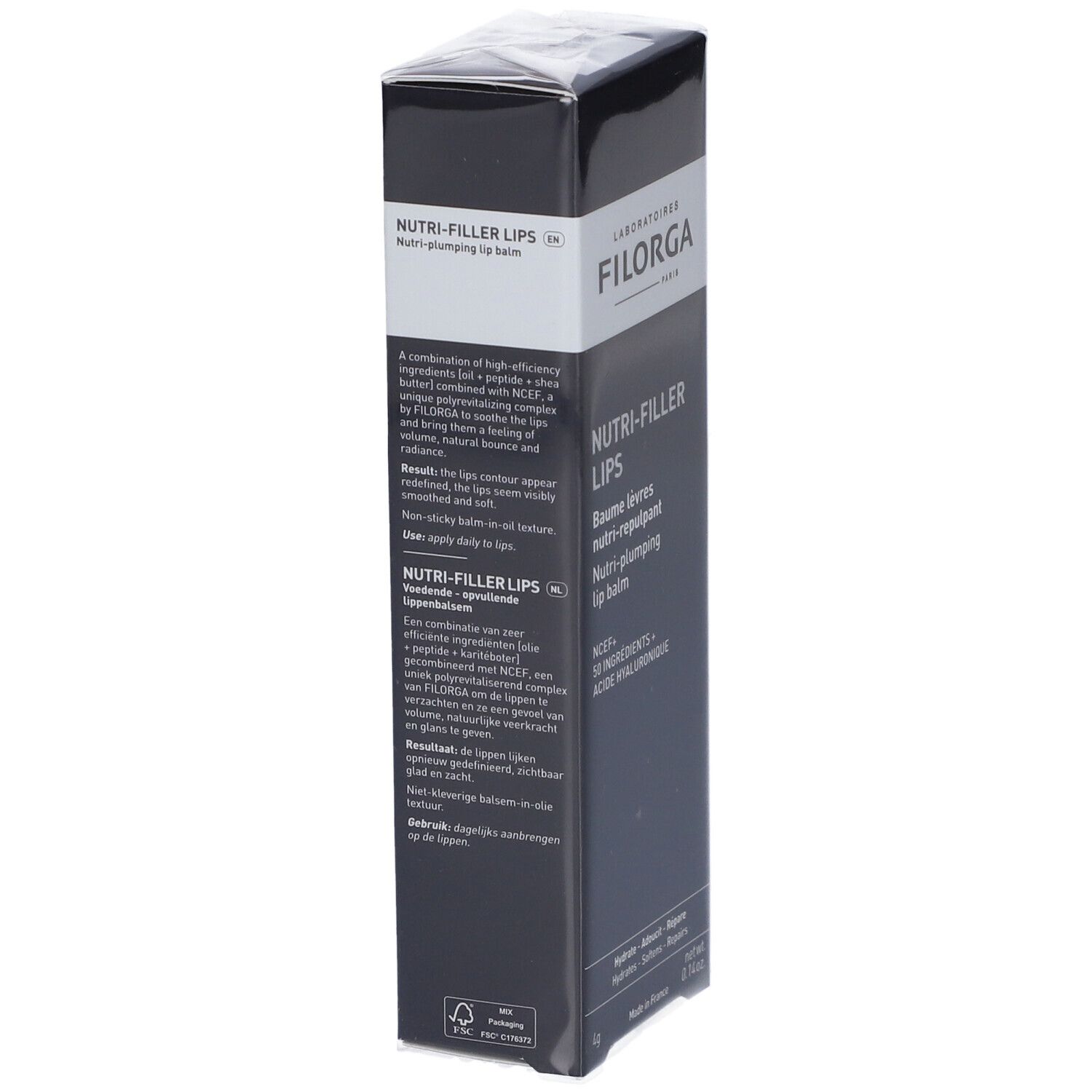 Schwarze Verpackung. FILORGA NUTRI-FILLER LIPS® Lippenbalsam. Text auf Englisch und Französisch. FSC-Logo.