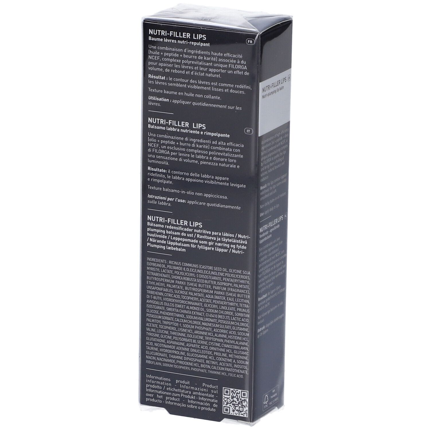 Schwarze Verpackung. FILORGA NUTRI-FILLER LIPS® Lippenbalsam. Text auf Englisch, Französisch, Deutsch, Italienisch und Niederländisch.