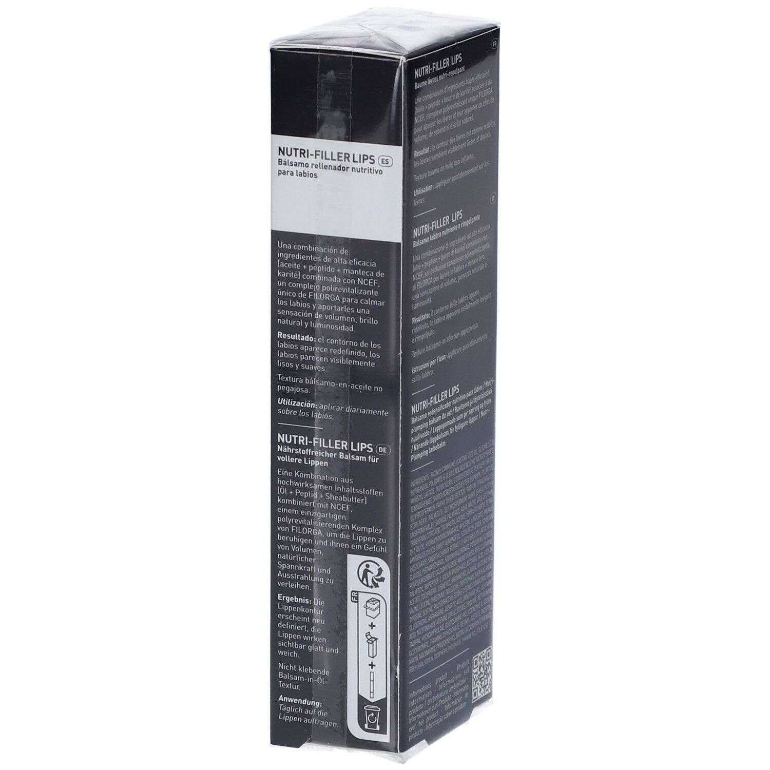 Schwarze Verpackung. FILORGA NUTRI-FILLER LIPS® Lippenbalsam. Text auf Englisch, Französisch, Deutsch, Italienisch und Niederländisch.