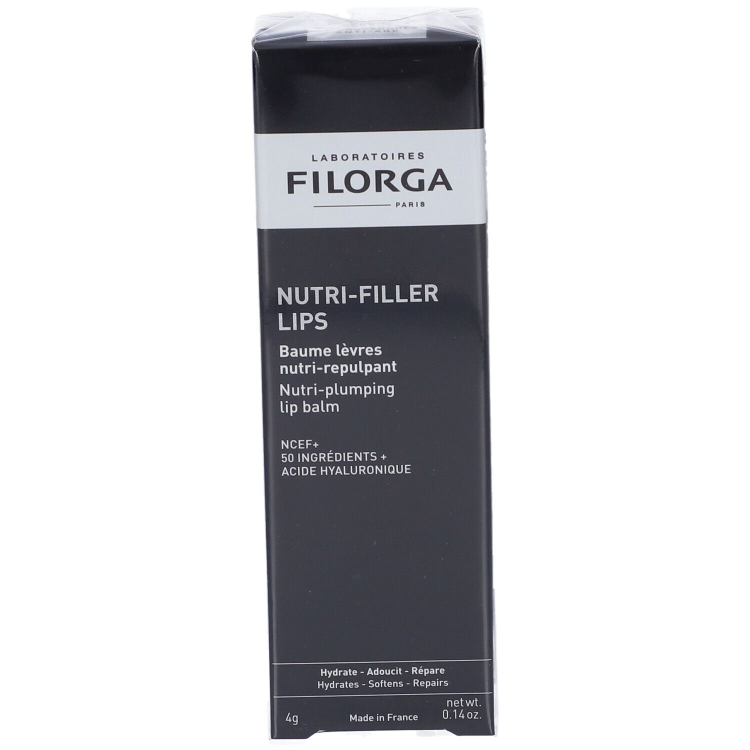 Schwarze Verpackung. FILORGA NUTRI-FILLER LIPS® Lippenbalsam. Text: NUTRI-FILLER LIPS, Baume lèvres, nutri-repulpant, lip balm. 4g.