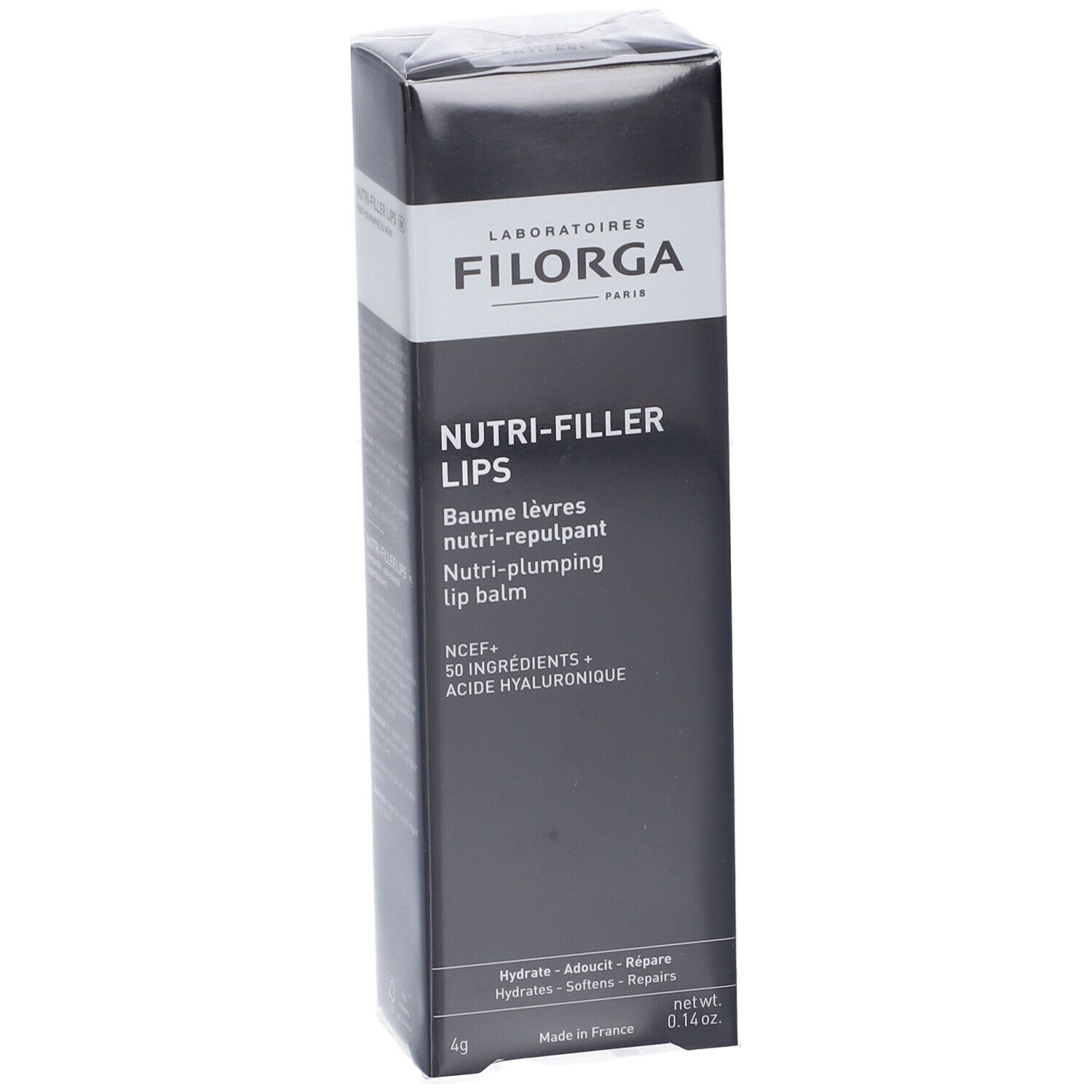 Schwarze Verpackung. FILORGA NUTRI-FILLER LIPS® Lippenbalsam. Text: NUTRI-FILLER LIPS, Baume lèvres, nutri-repulpant, lip balm. 4g.
