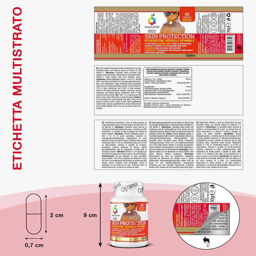 Flasche, Kapsel und Etikett mit Maßen und Produktinformationen.