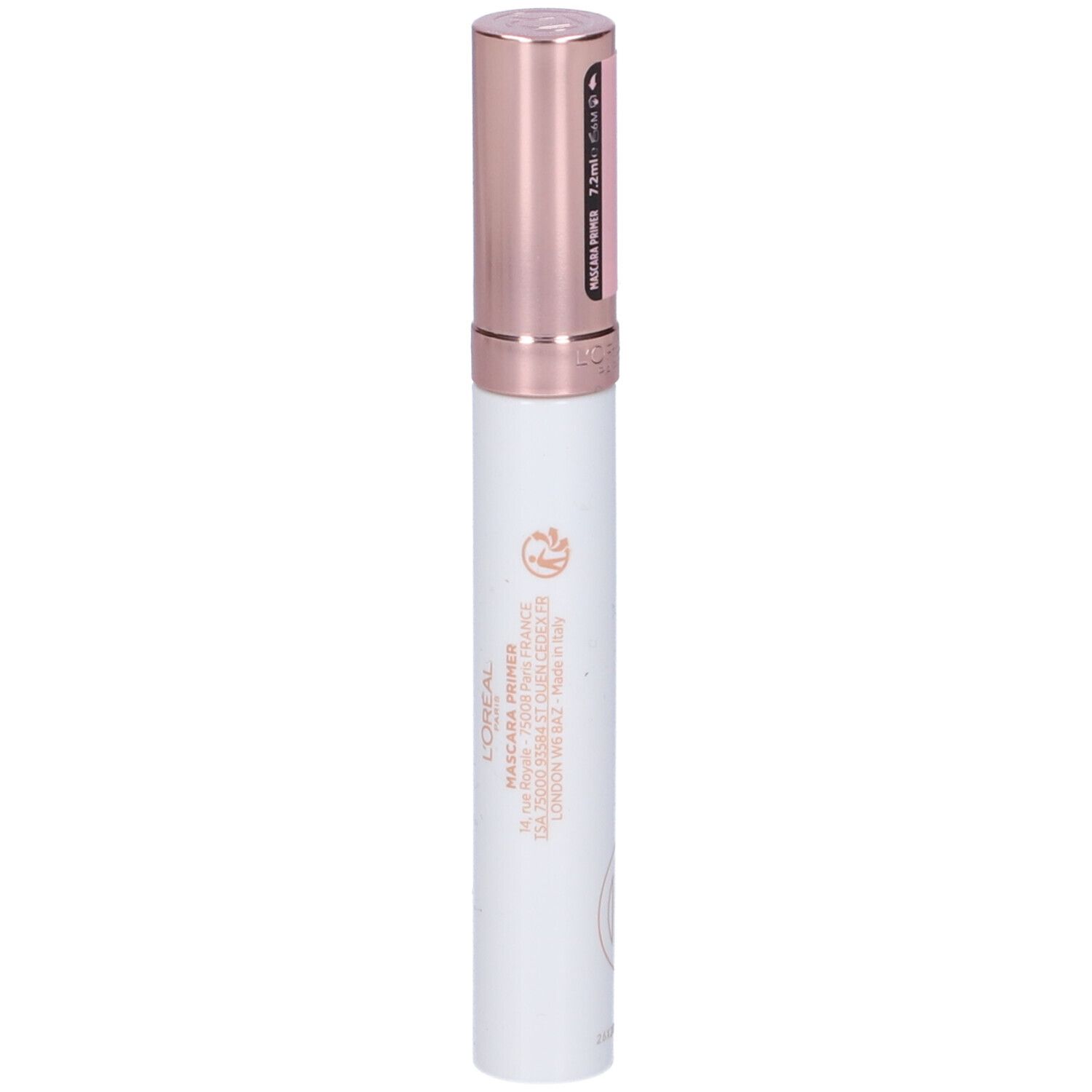 Weiße Mascara-Primer-Tube mit roségoldfarbenem Deckel. Text auf der Tube: L'ORÉAL PARIS, MASCARA PRIMER, 7.3ml.