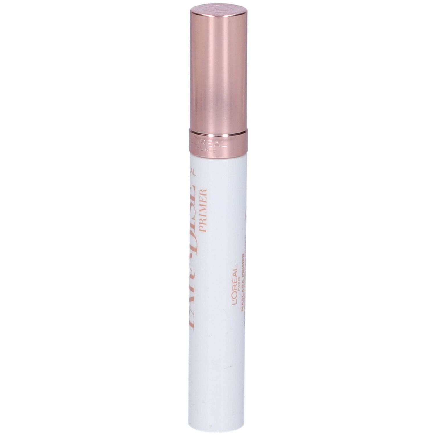 Weiße Tube mit roségoldfarbenem Deckel. Text auf der Tube: 'PARADISE PRIMER' und 'L'ORÉAL'.