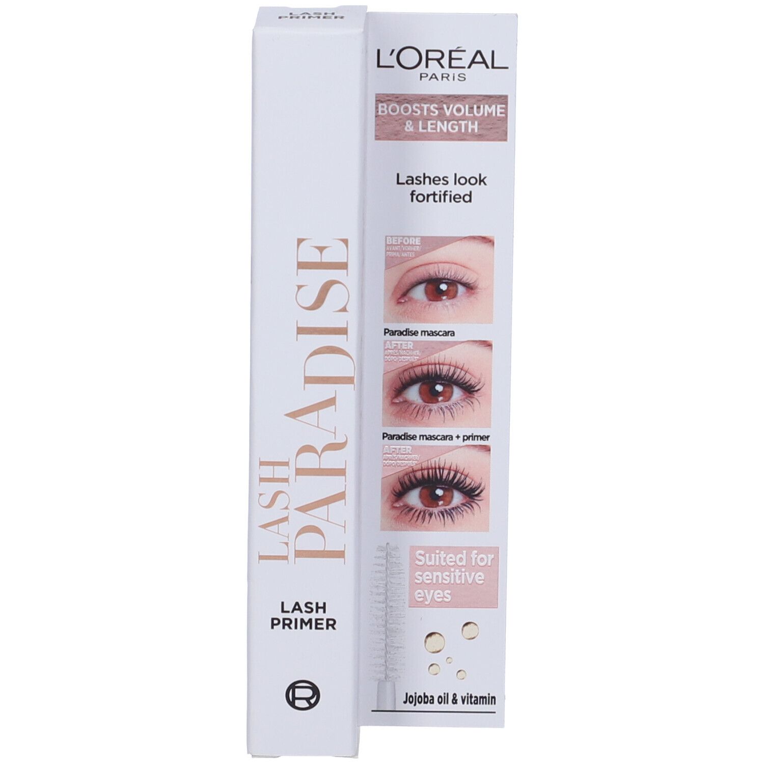 L'Oréal Lash Paradise Wimpernprimer-Verpackung mit Produktinformationen und Anwendungsbeispielen.