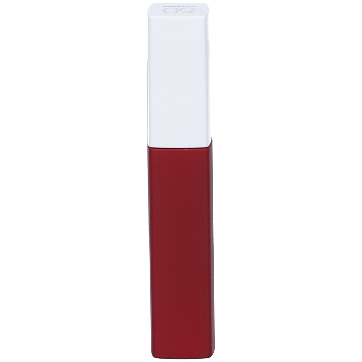 Roter Lippenstiftbehälter mit weißem Deckel.