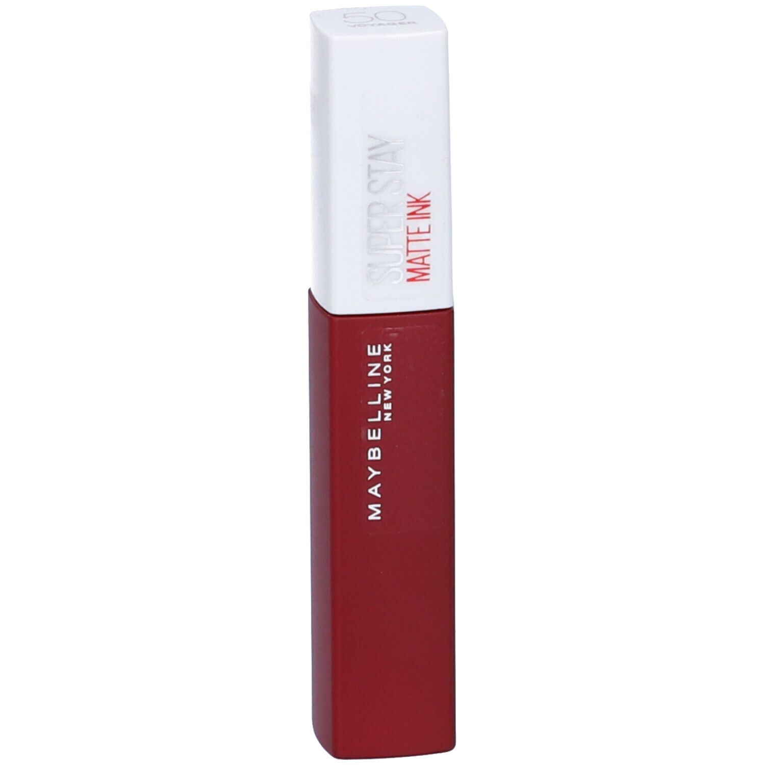 Maybelline Superstay Matte Ink Liquid Lipstick in Rot. Weiße Kappe mit rotem Schriftzug.