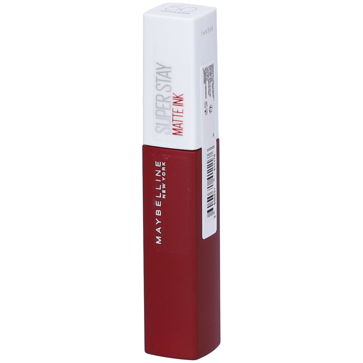 Maybelline Super Stay Matte Ink Lippenstift in mattem Rot. Weiße Kappe mit rotem Fläschchen.