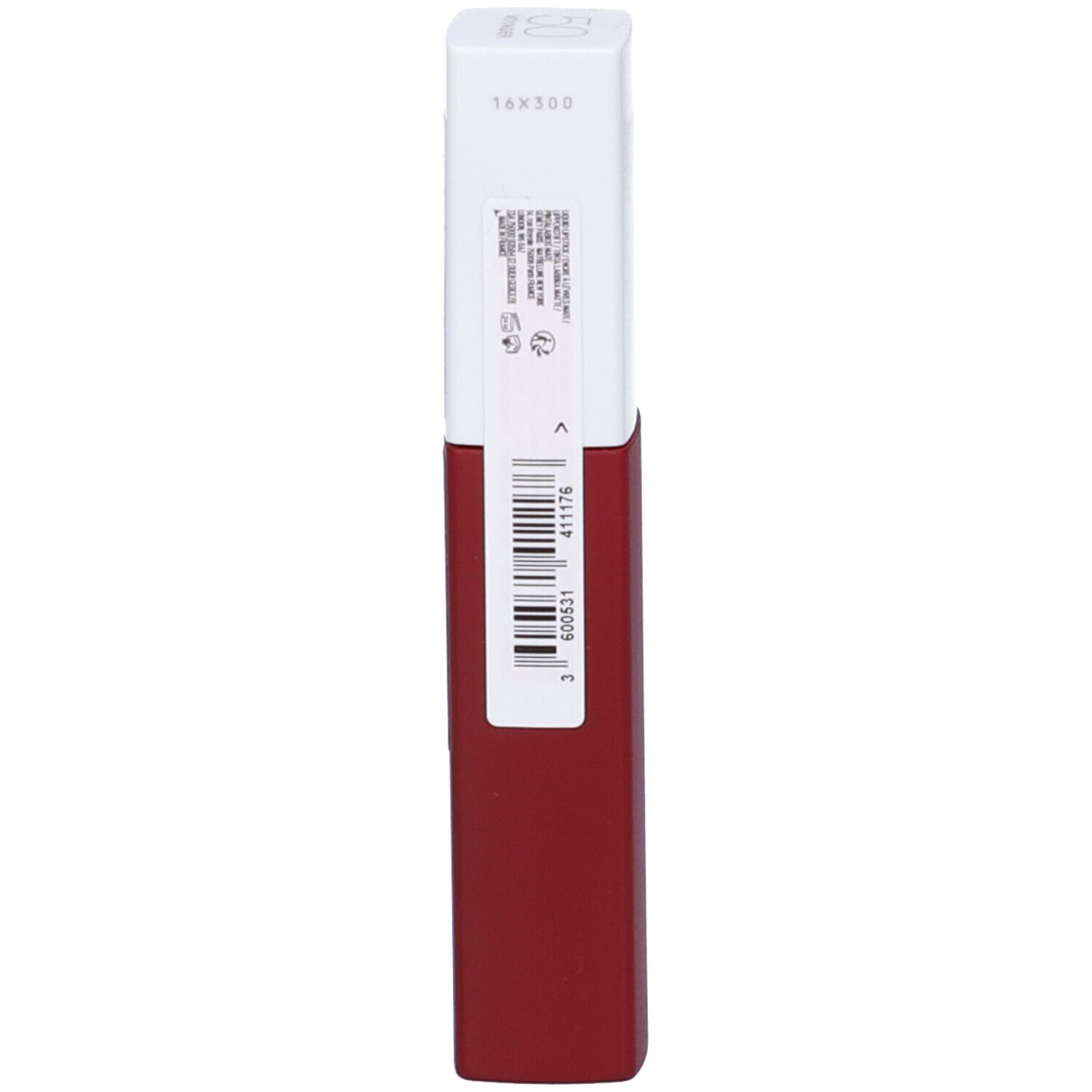 Roter Lippenstift mit weißem Deckel und Barcode-Etikett.