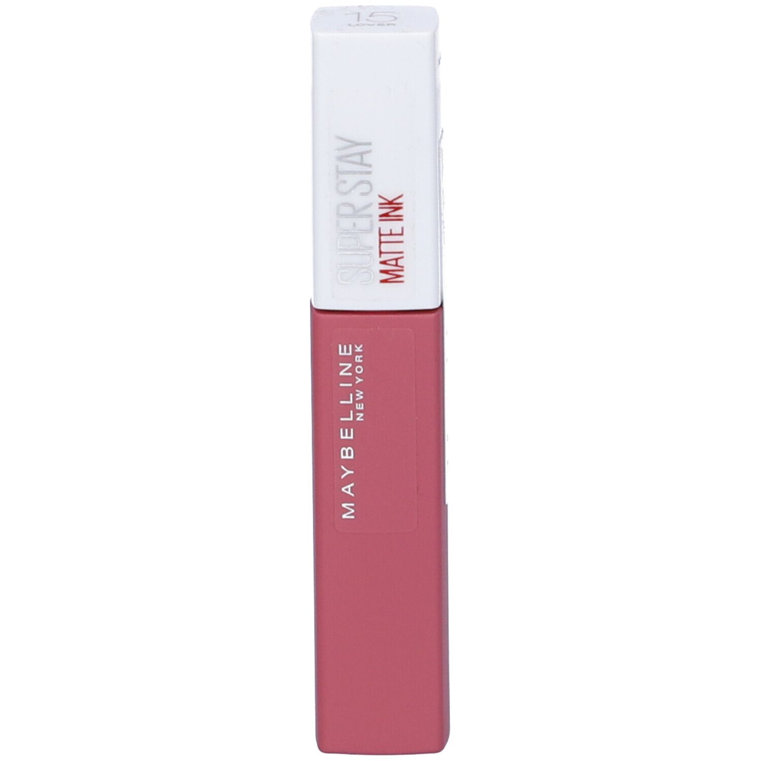Maybelline Superstay Matte Ink Liquid Lipstick in Rosa. Weiße Kappe mit rotem Schriftzug.