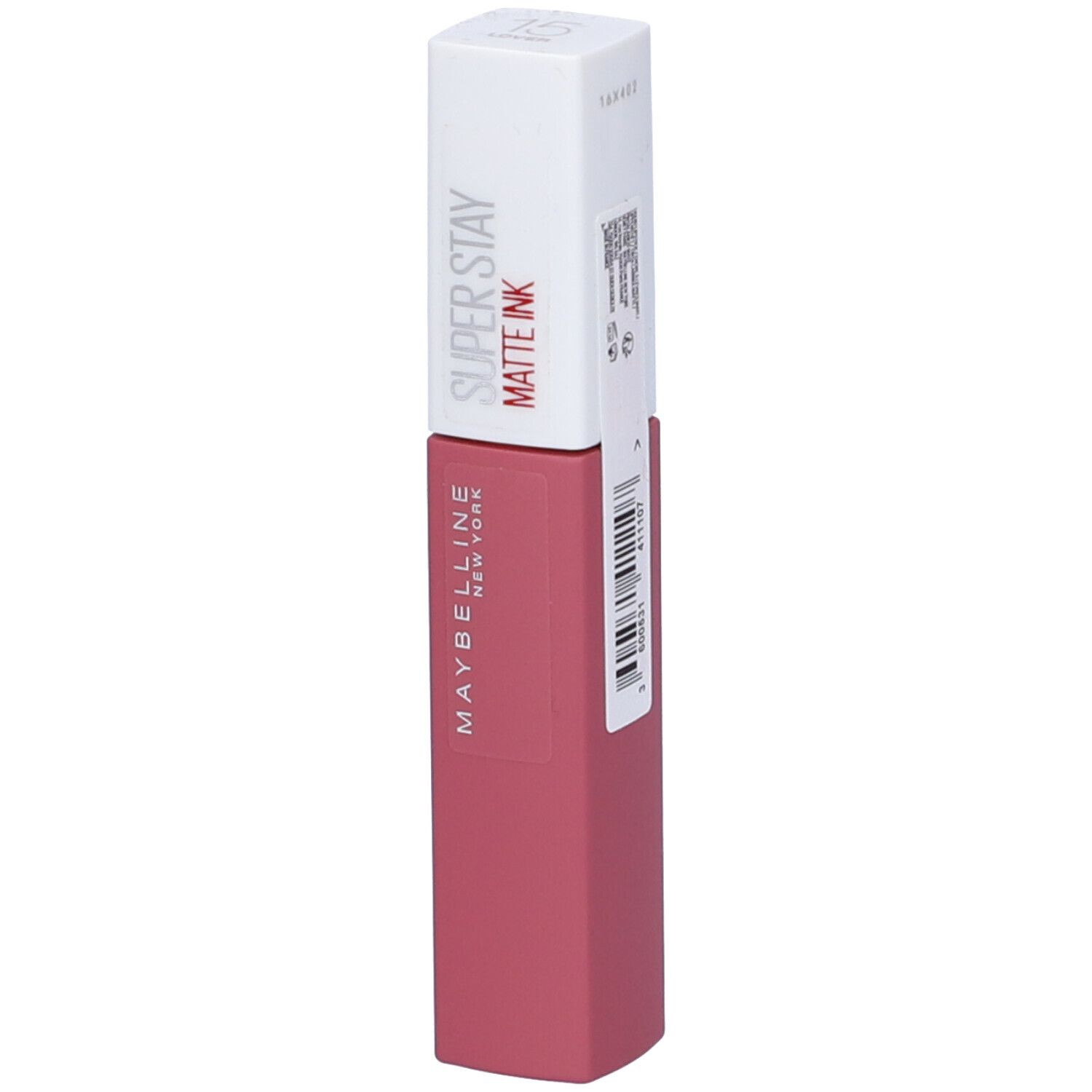 Maybelline Super Stay Matte Ink Lippenstift in mattem Rosaton. Weiße Kappe mit rotem Schriftzug.