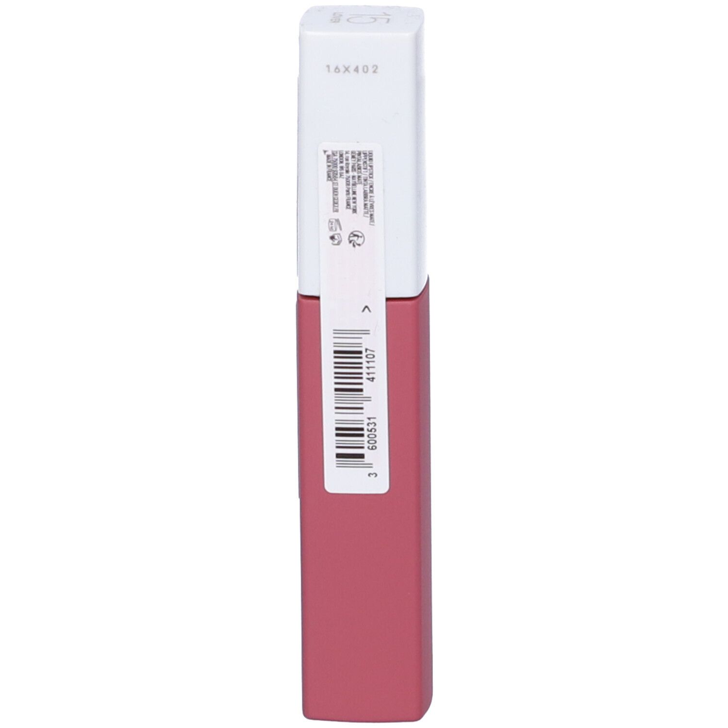 Ein flüssiger Lippenstift in einem matten Rosaton mit weißem Deckel und Barcode-Etikett.