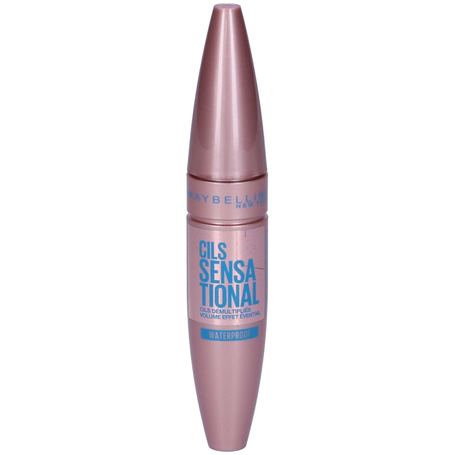 Maybelline Cils Sensational Mascara, wasserfest, roségoldfarbene Verpackung.