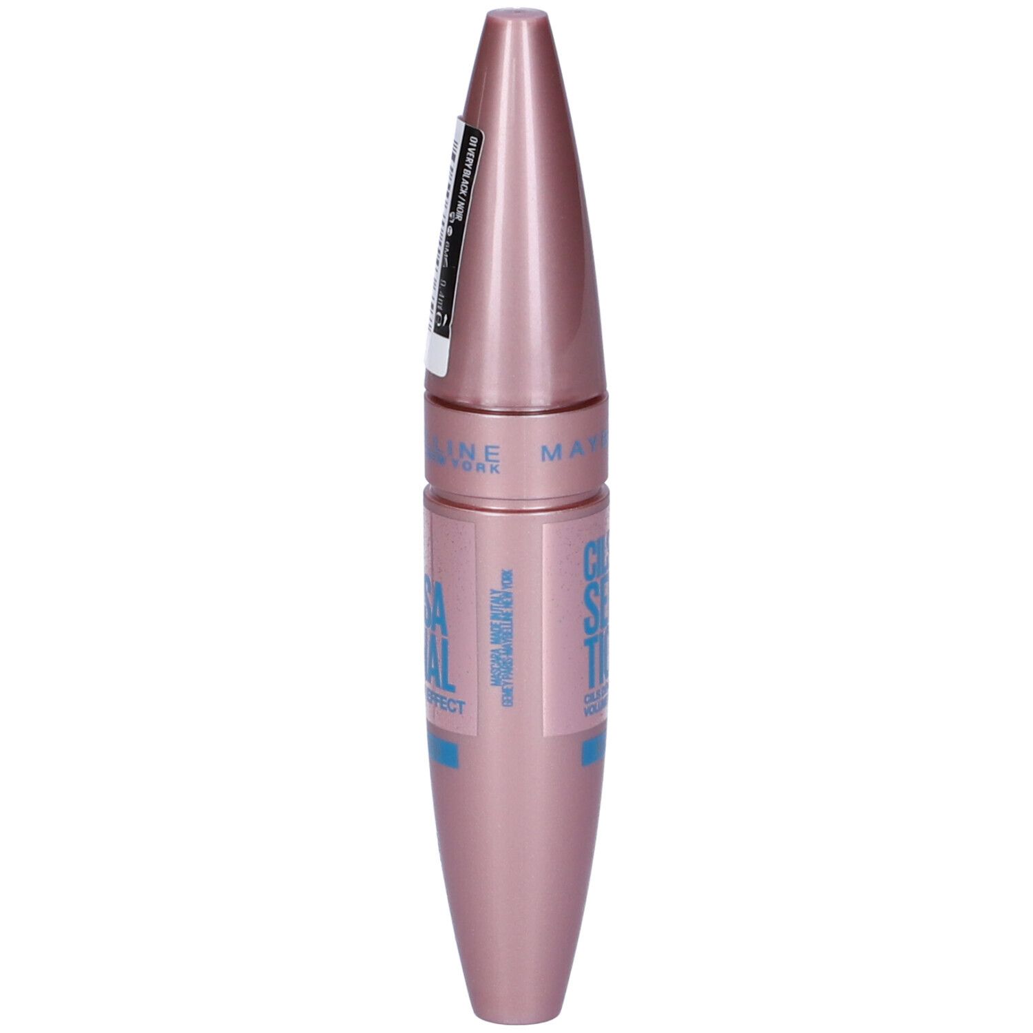 Maybelline Mascara in roségoldfarbener Tube mit blauer Schrift.