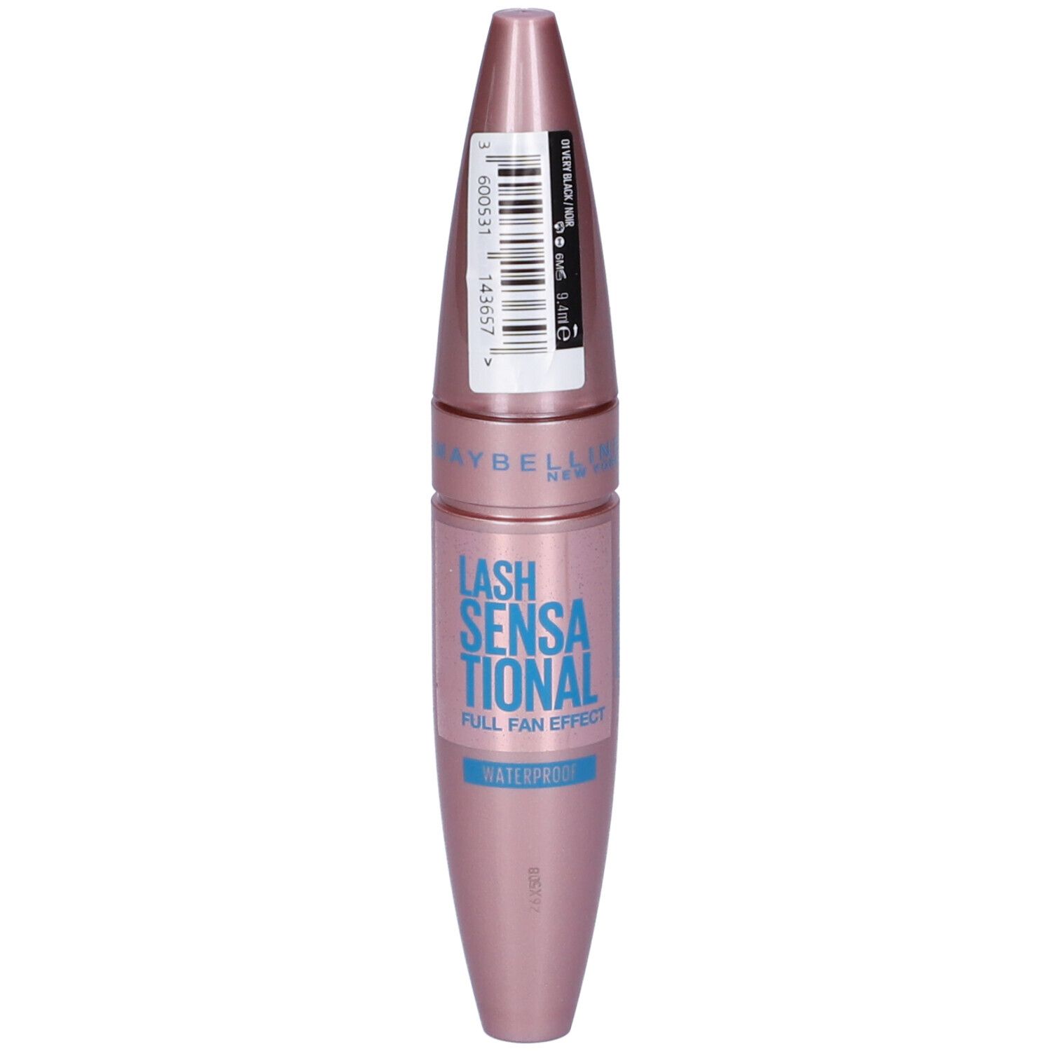 Maybelline Lash Sensational Waterproof Mascara in Roségold. Blaue Schrift mit "Full Fan Effect".