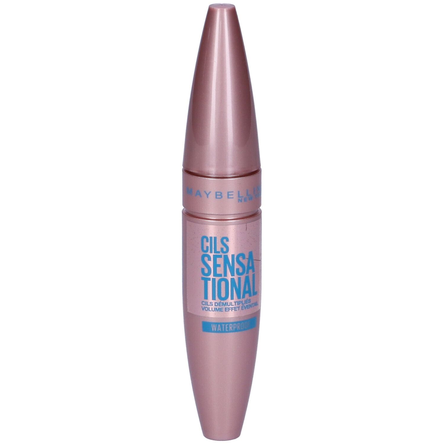 Maybelline Mascara in Rosa mit blauer Schrift. "Cils Sensational" und "Waterproof" sind sichtbar.
