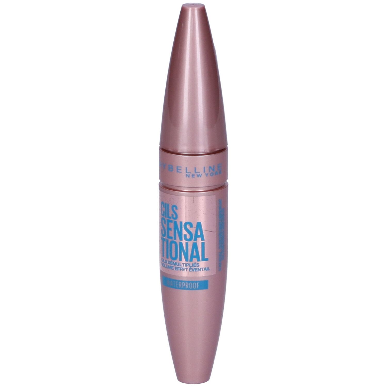 Maybelline Sensational Mascara, wasserfest, roségoldfarbene Verpackung.