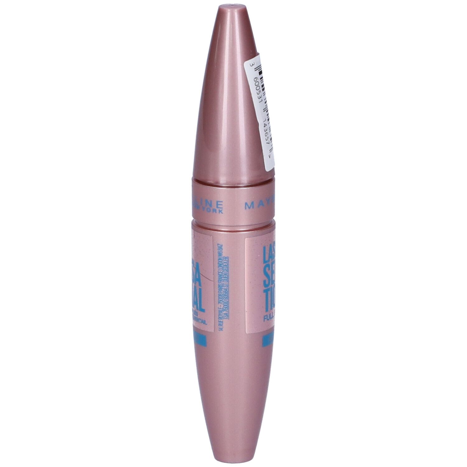 Rosa Mascara-Tube mit silbernem Applikator. Beschriftung: Maybelline New York, Lash Sensational.