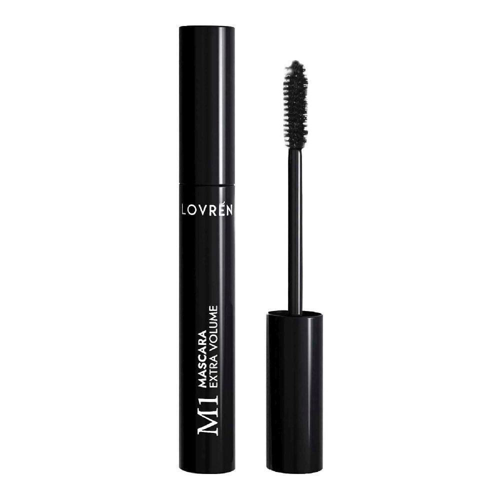 Schwarzer Mascara-Behälter mit Applikator. Beschriftung: LOVREN M1 MASCARA EXTRA VOLUME.