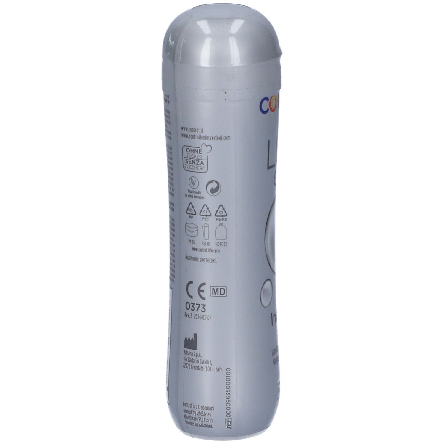 Rückseite der CONTROL LUB GEL Infinity Flasche mit CE- und MD-Zertifizierungen.