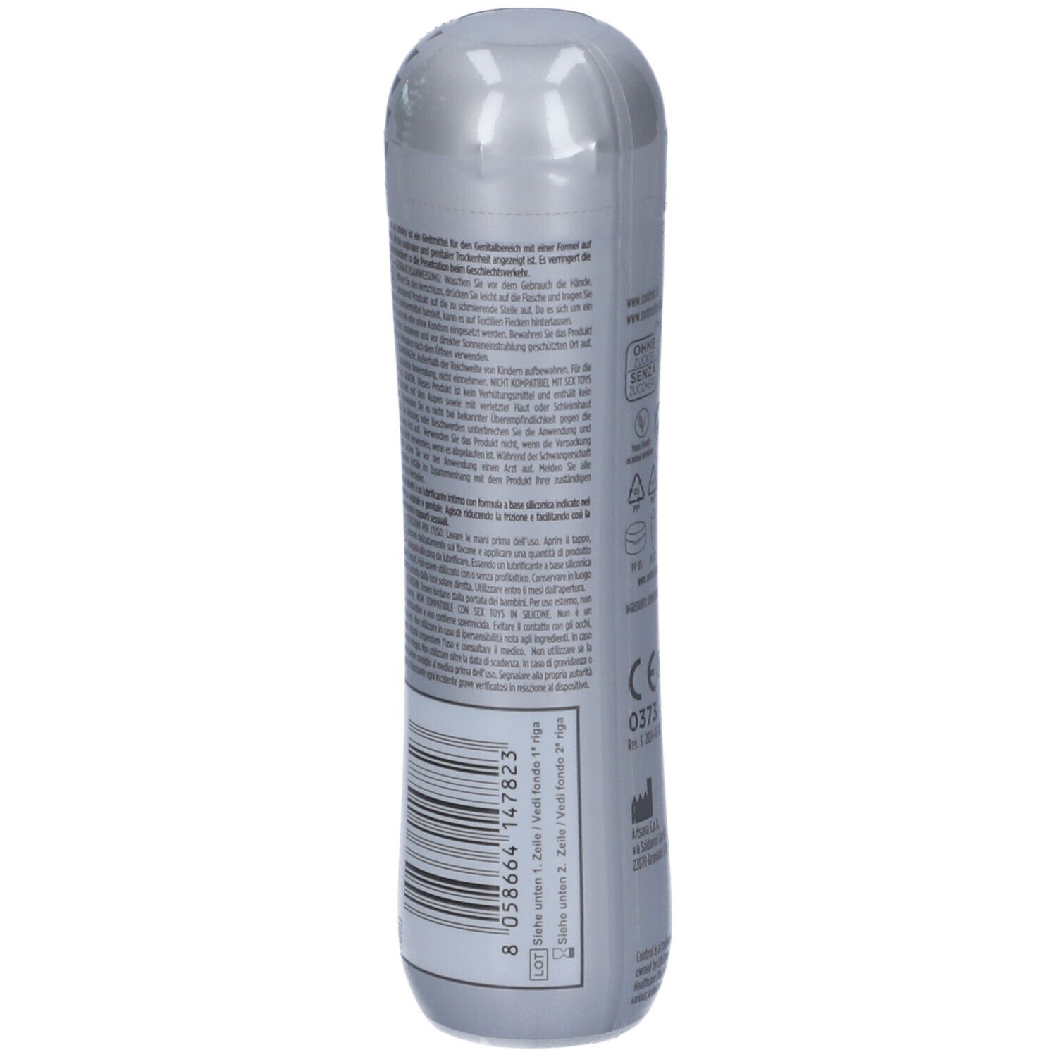 Rückseite der CONTROL LUB GEL Infinity Flasche mit Barcode und Produktinformationen.