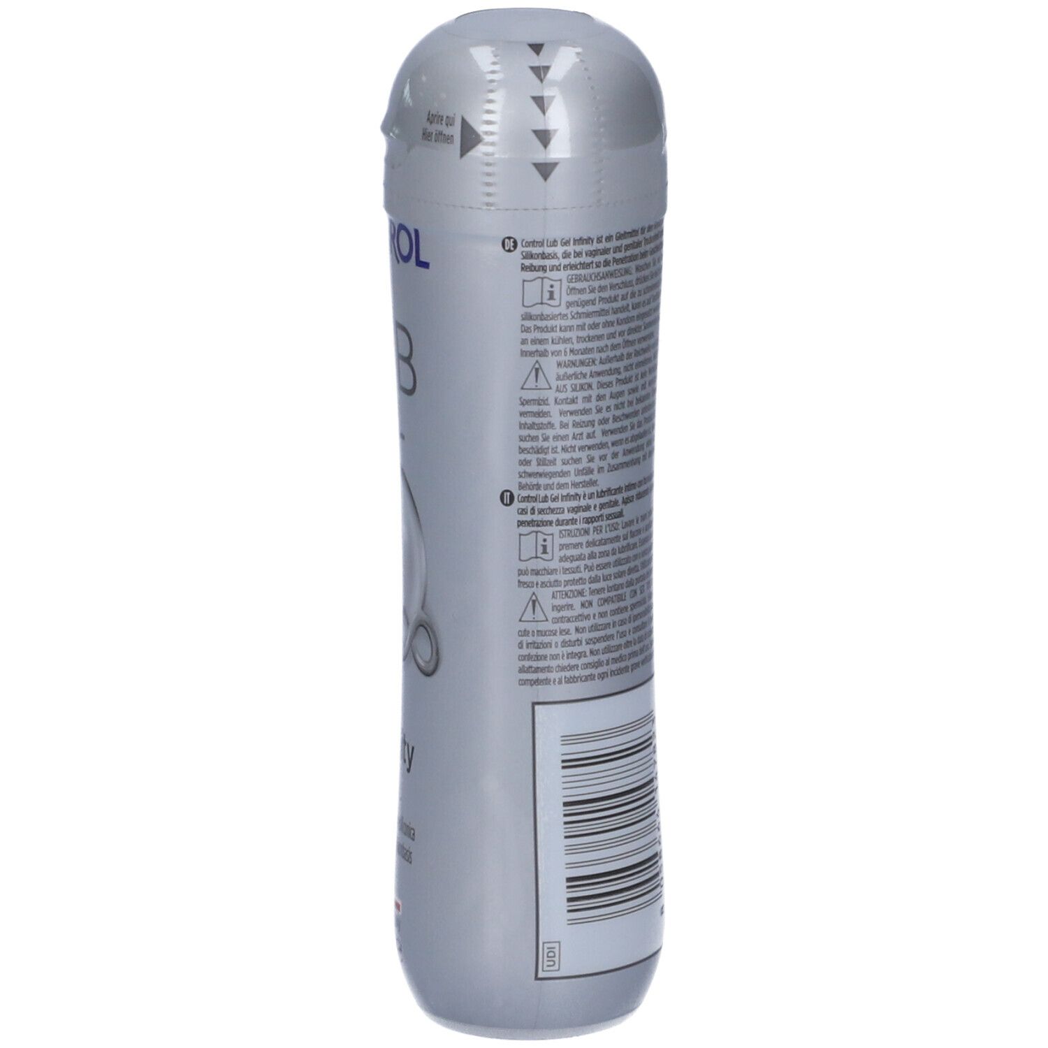 Seitenansicht der CONTROL LUB GEL Infinity Flasche mit Warnhinweisen und Barcode.