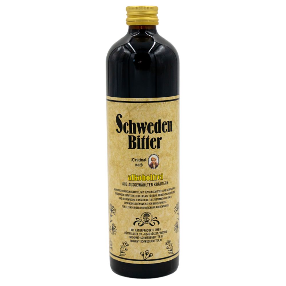 Flasche Original Schwedenbitter 0% Alkohol mit Etikett, das Kräuter und eine Silhouette zeigt.