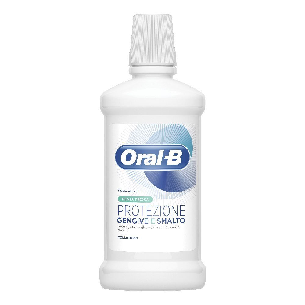 Weiße Flasche mit blau-weißem Etikett. Schriftzug Oral-B, darunter "PROTEZIONE GENGIVE E SMALTO".