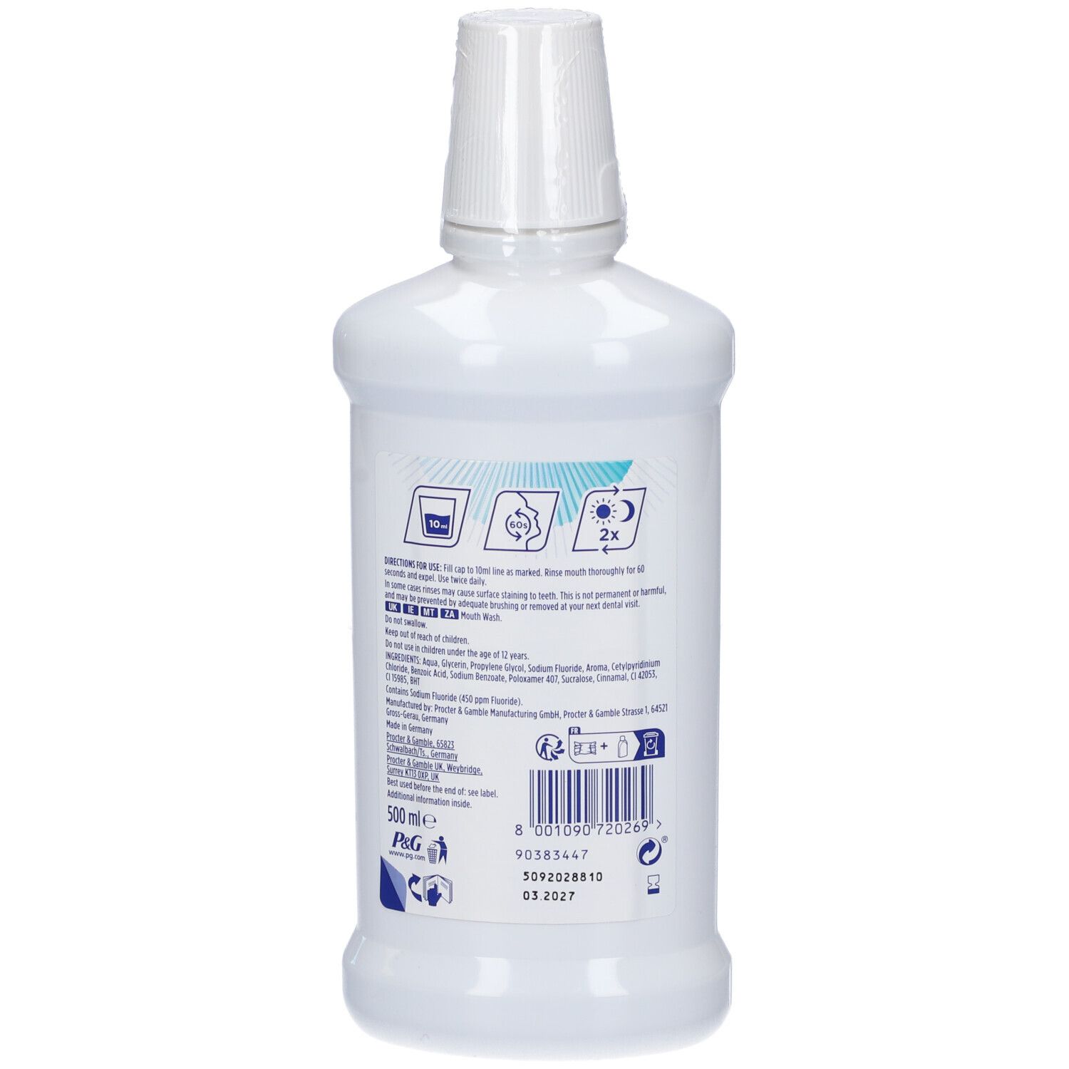 Rückseite der weißen Flasche. Enthält Informationen zu Inhaltsstoffen und Anwendung. 500 ml. Recycling-Symbol.