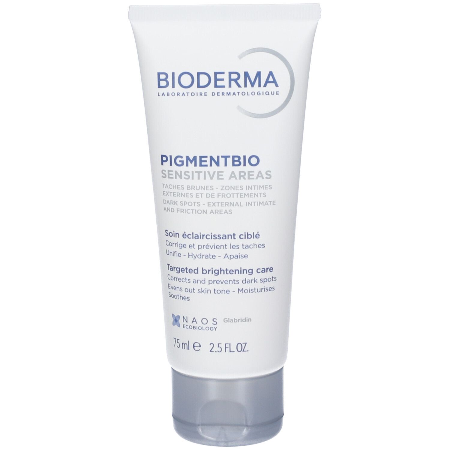 Weiße Tube mit BIODERMA-Logo und Produktbezeichnung Pigmentbio Sensitive areas. Enthält Text in mehreren Sprachen.