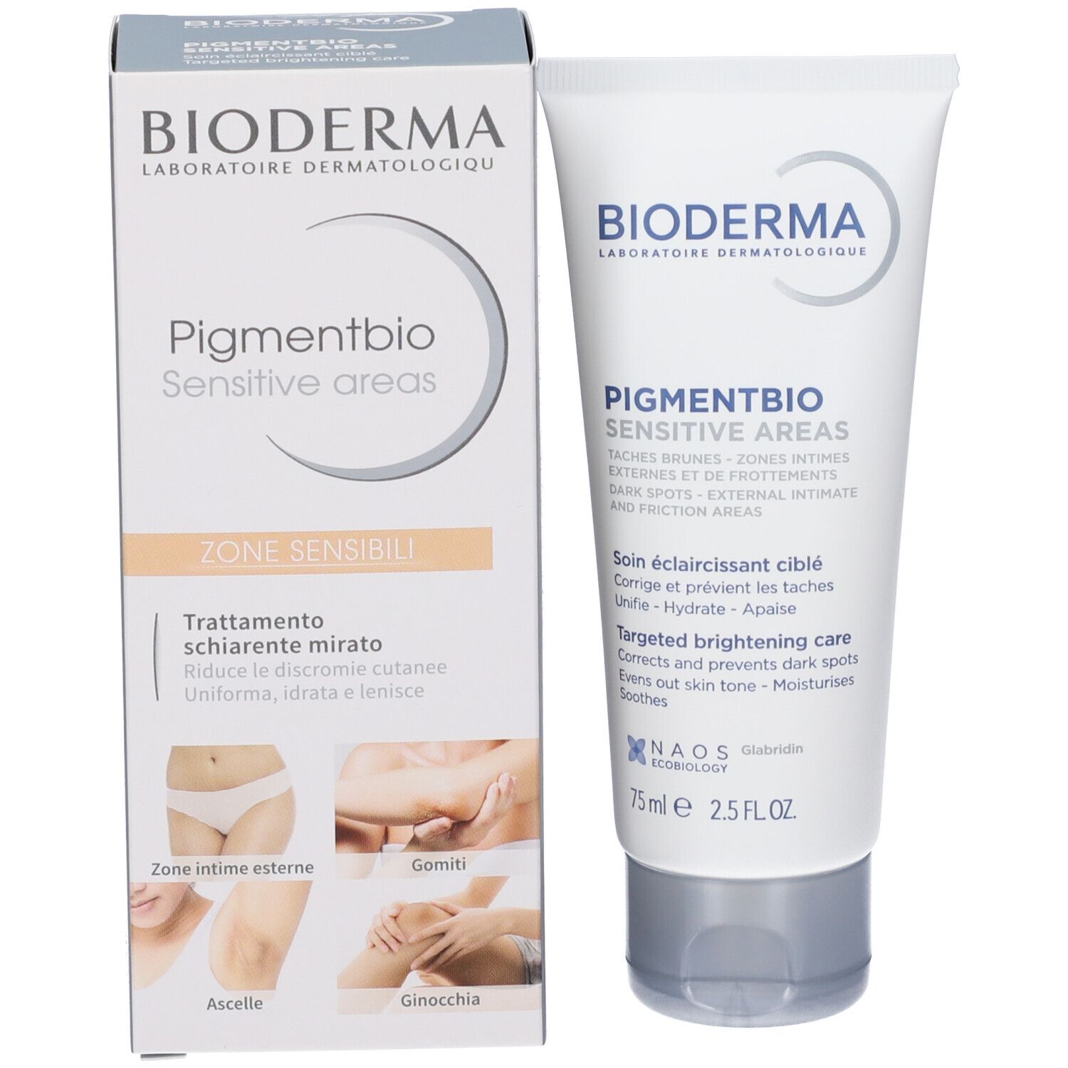 Produktverpackung mit Tube. BIODERMA-Logo und Produktbezeichnung Pigmentbio Sensitive areas. Abbildung von Anwendungsbereichen.