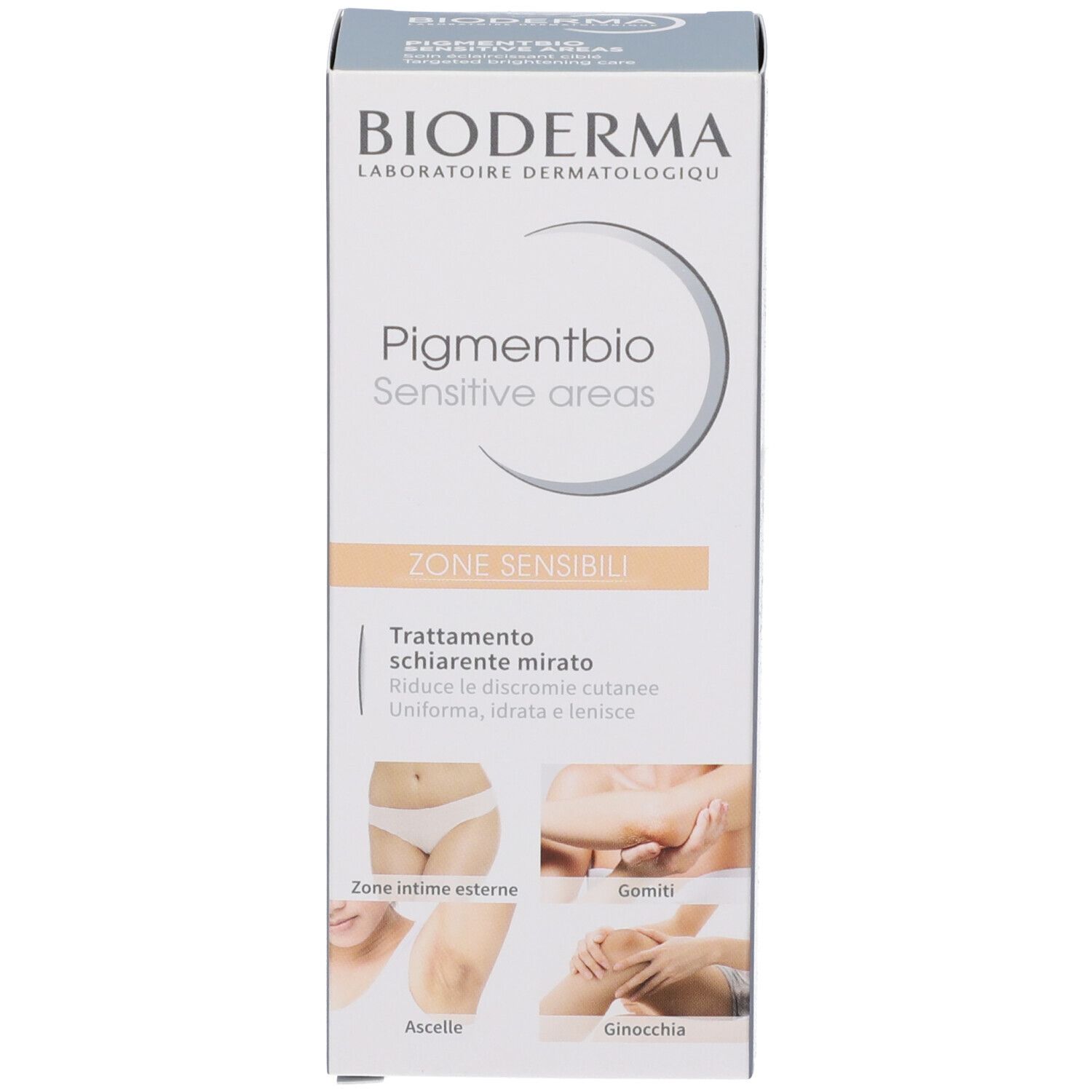 Produktverpackung. BIODERMA-Logo und Produktbezeichnung Pigmentbio Sensitive areas. Abbildung von Anwendungsbereichen.