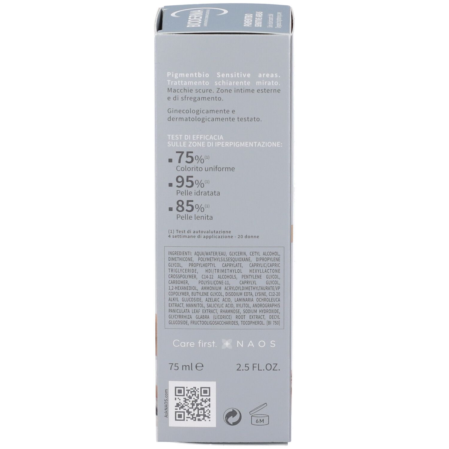 Seite der Produktverpackung. Enthält Text in mehreren Sprachen, darunter Informationen zur Anwendung und Inhaltsstoffe.