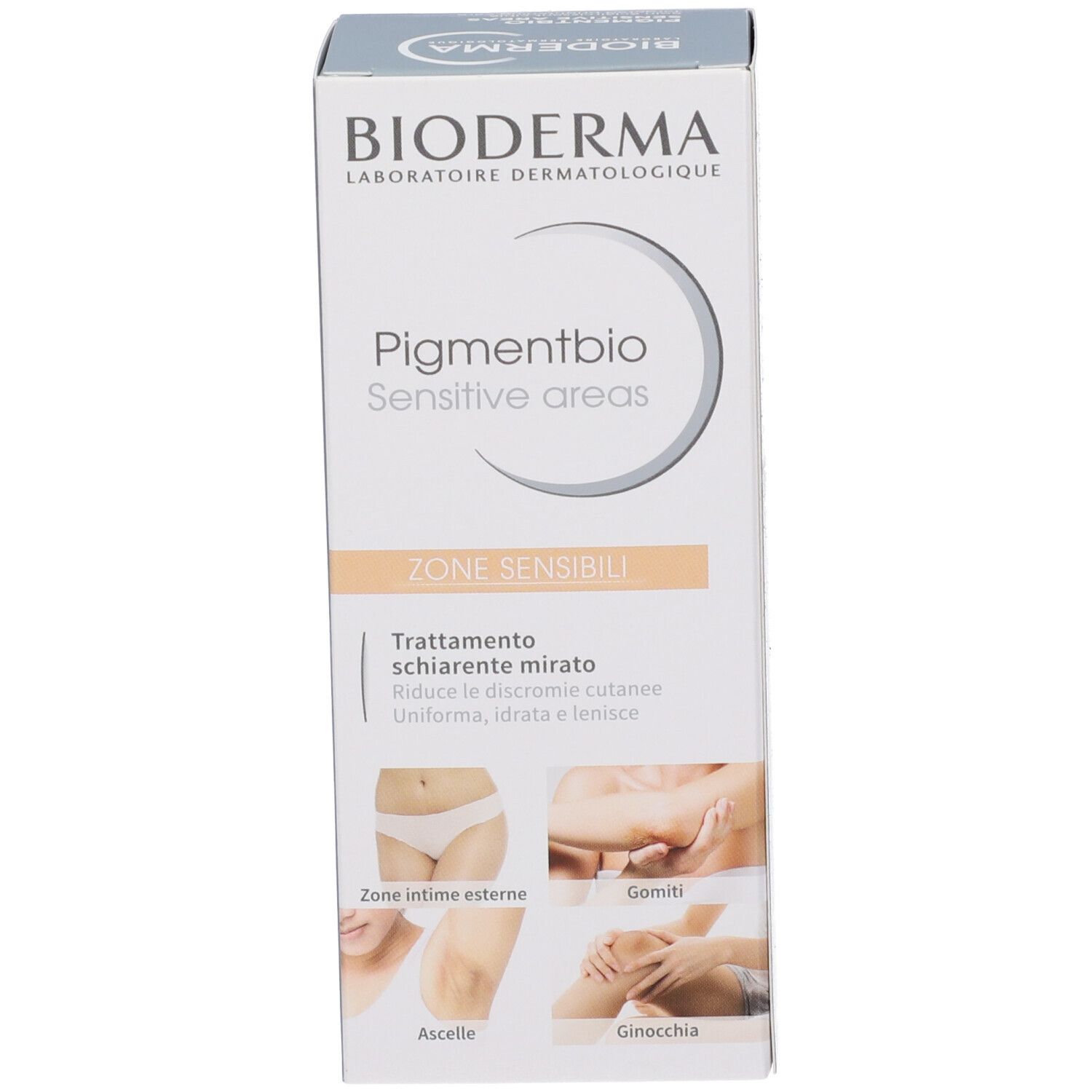 Produktverpackung. BIODERMA-Logo und Produktbezeichnung Pigmentbio Sensitive areas. Enthält Informationen zur Wirksamkeit.