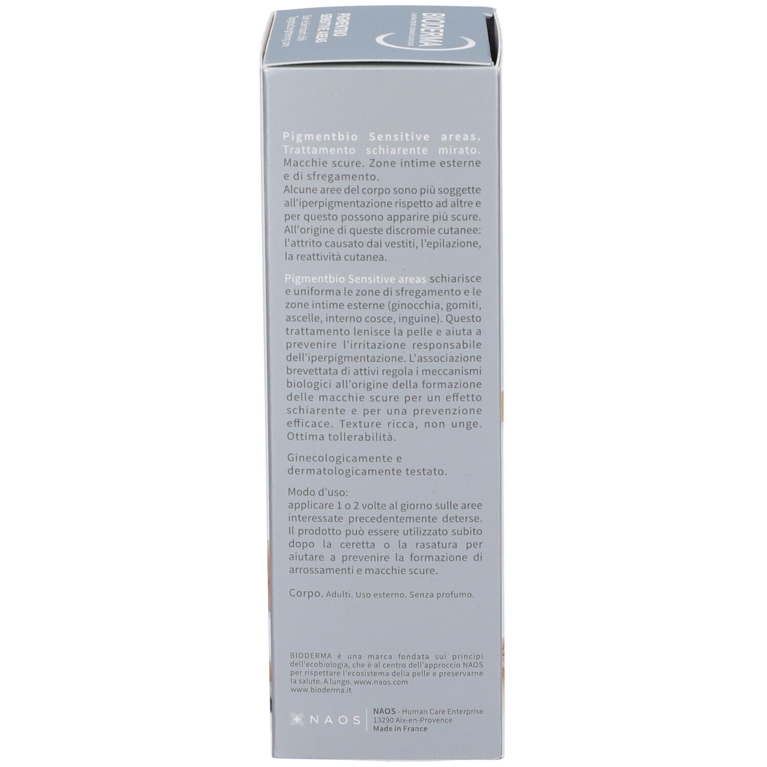Seite der Produktverpackung. Enthält Informationen zu Inhaltsstoffen und Hersteller.