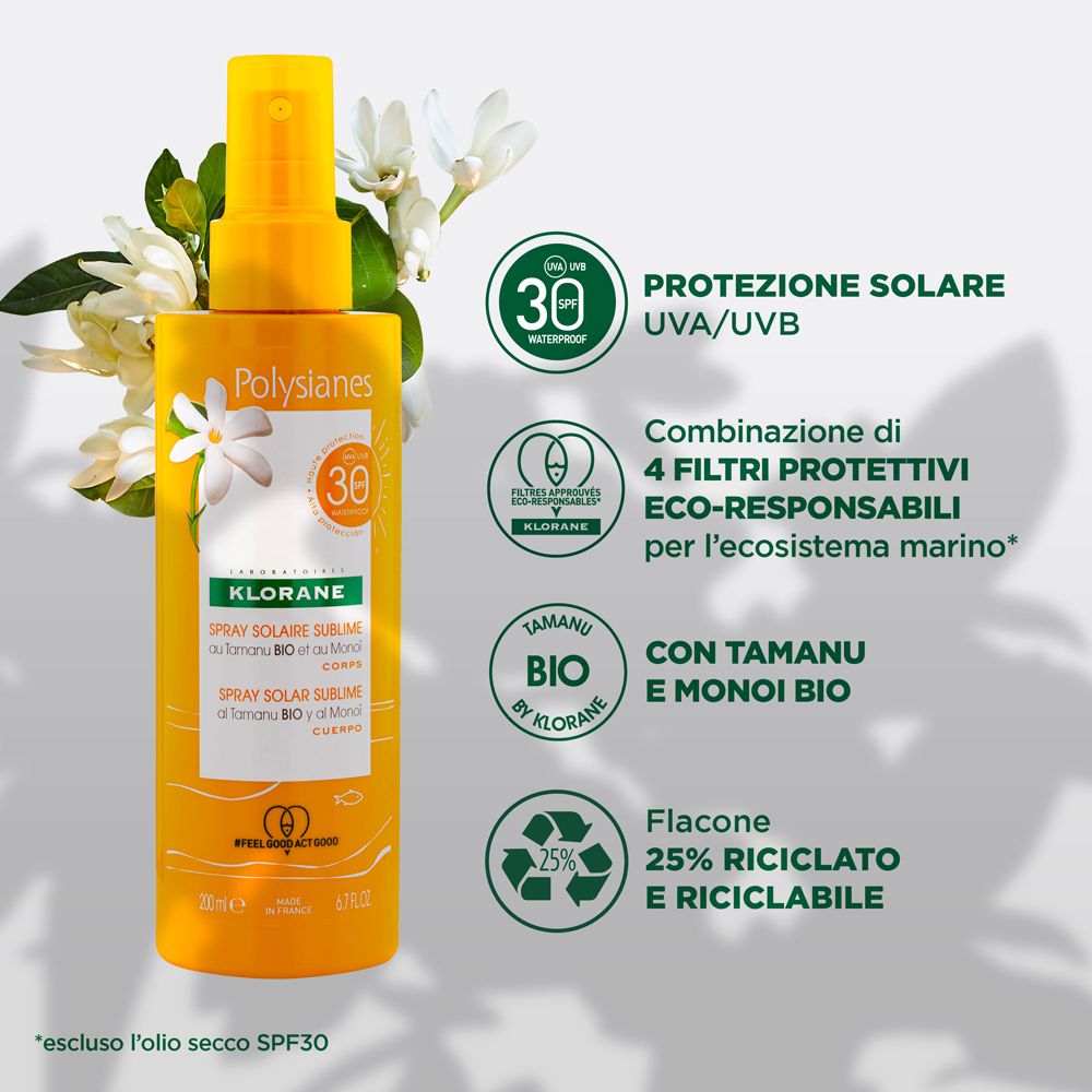 Sonnencreme-Sprühflasche mit SPF 30. Aufschrift: KLORANE, Spray Solaire Sublime. Mit Tamanu Bio und Monoi Bio. Flasche aus 25% recyceltem Material.