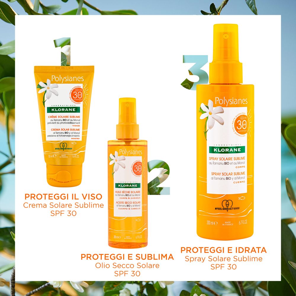 Drei Sonnenpflegeprodukte: Creme, Öl und Spray. Alle mit SPF 30. Beschriftung: Schützen und mit Feuchtigkeit versorgen.