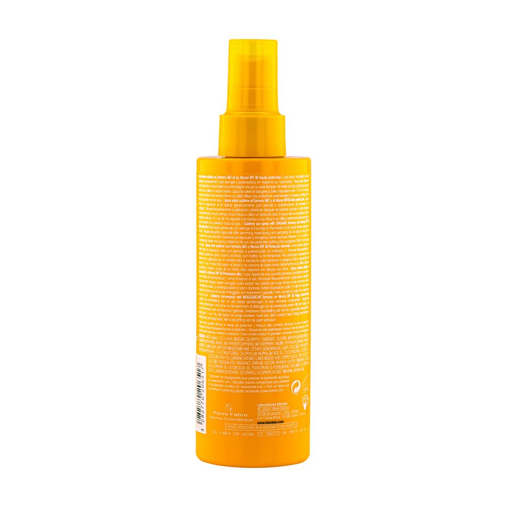 Rückseite der gelben Sonnencreme-Sprühflasche. Textinformationen und Logos.