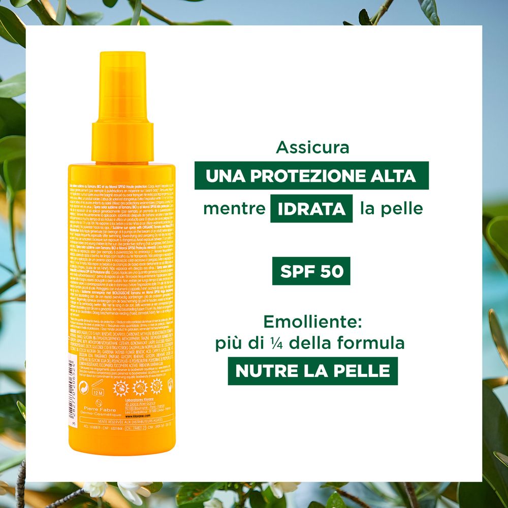 Text auf weißem Hintergrund. Text: UNA PROTEZIONE ALTA, SPF 50, NUTRE LA PELLE.