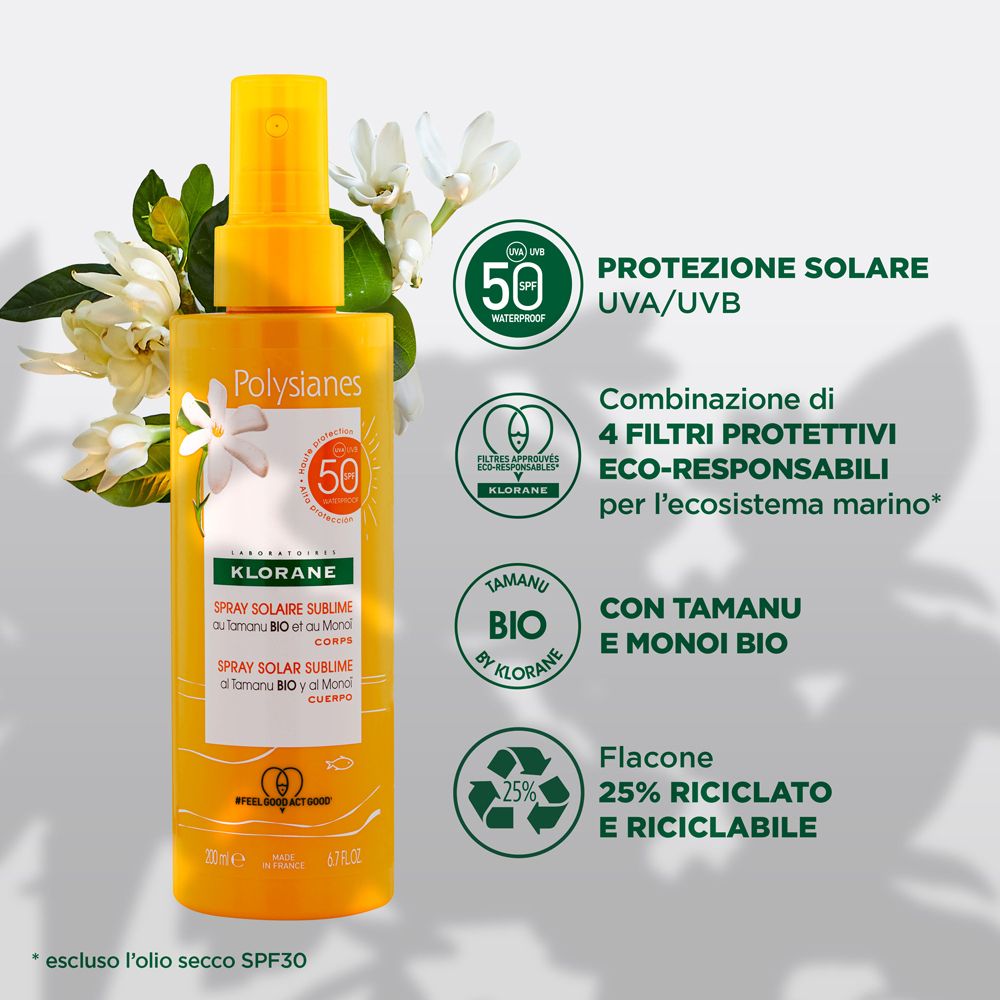 Gelbe Sprayflasche mit Sprühkopf. Aufschrift: Polysianes, Spray Solaire Sublime SPF 50. Mit Logos und Text.