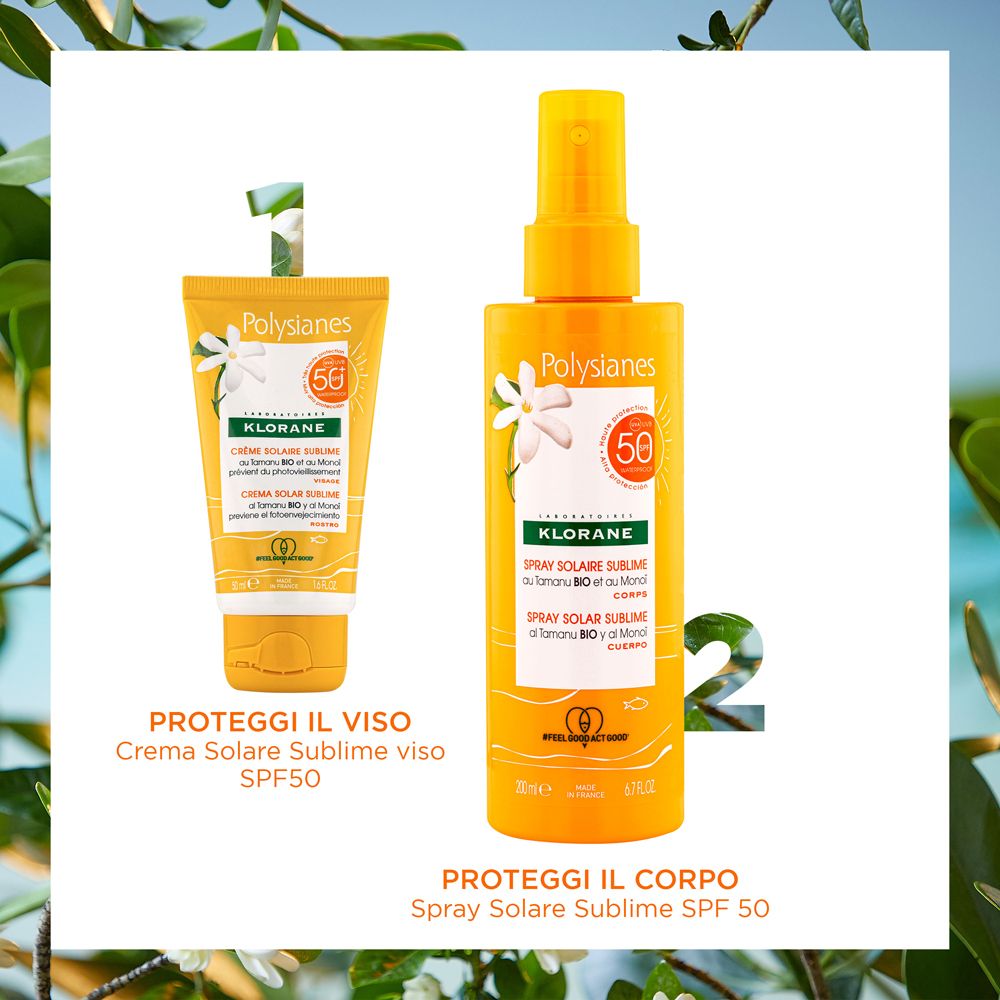 Zwei Produkte: Sprayflasche und Tube. Aufschrift: Polysianes, Crème Solaire Viso SPF50 und Spray Solaire Sublime SPF 50.