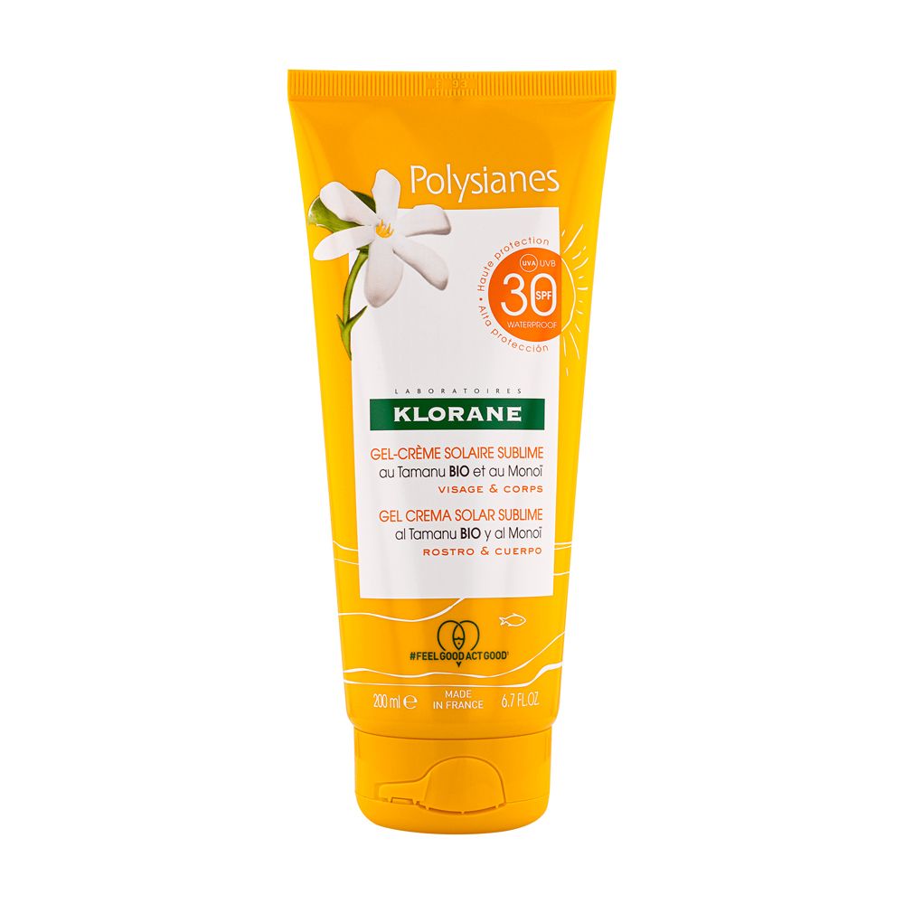 Gel-Creme-Sonnenschutz in gelber Tube. Mit LSF 30. Aufschrift: Klorane, Polysianes. Blüte-Illustration.